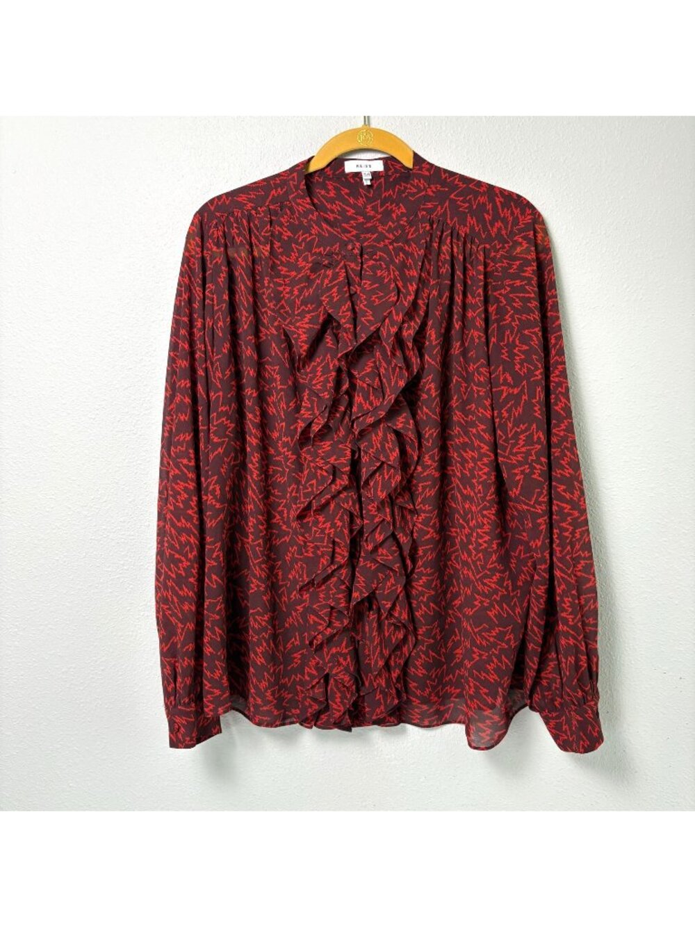 Reiss Pippa Ruffled Zig Zag Printed Blouse Womens 12 Red Semi-Sheer Top - Picture 2 of 12